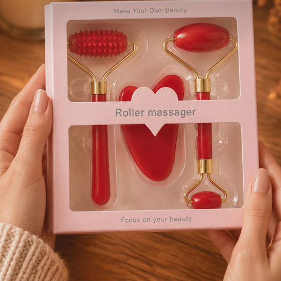 Sérénité Gua Sha & Roller Set in Rood, Roze en Wit, in een warme herfstsfeer