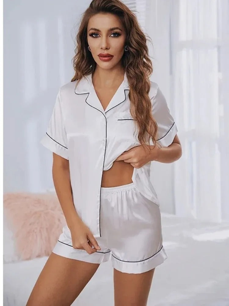 Zomer Zijde Satijn Pyjama Set Dames Nachtkleding Button-Down Korte Mouw Tops en Shorts Tweedelige Pijama Sets Loungewear
