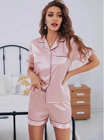 Zomer Zijde Satijn Pyjama Set Dames Nachtkleding Button-Down Korte Mouw Tops en Shorts Tweedelige Pijama Sets Loungewear